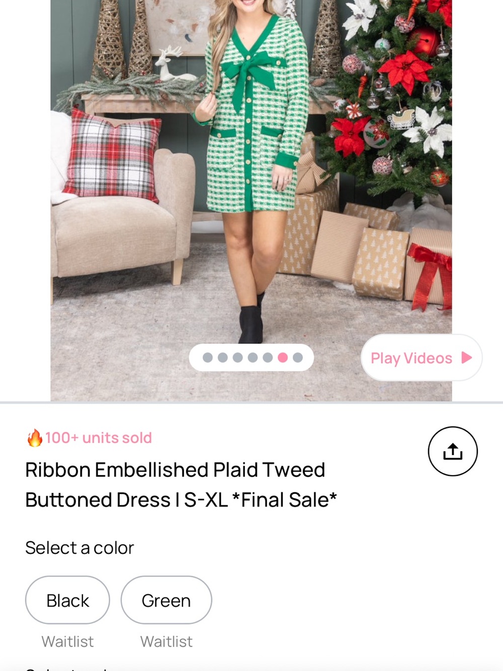 Green Plaid Tweed Buttoned Dress with Ribbon Bow
